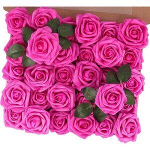 30pcs Real Touch Artificial Roses  (Fuschia)